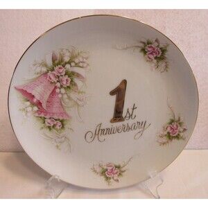 1st Anniversary Decorative Plate Pink Bells and Floral Pattern